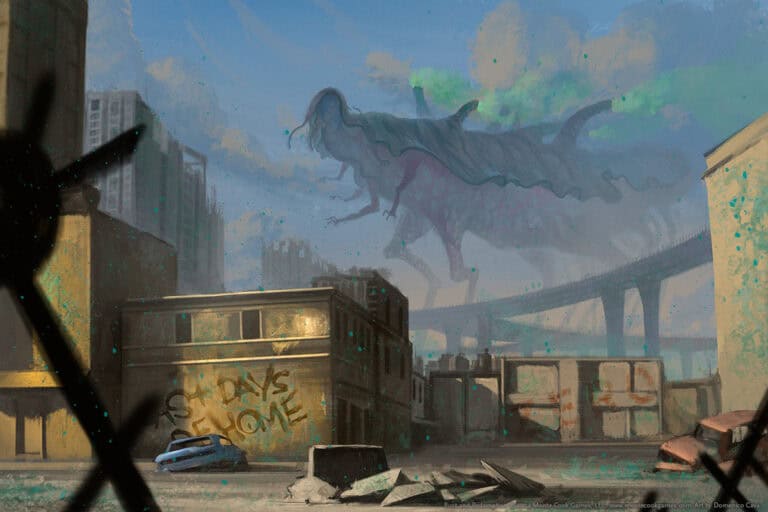 An urban landscape with abandoned buildings and a spray-painted sign reading "STAY SAFE HOME" offers a glimpse into a world of Post-Apocalyptic Adventures. A colossal, ghostly creature looms in the sky as barbed wire frames the scene, emphasizing desolation and surreal eeriness reminiscent of Rust and Redemption.