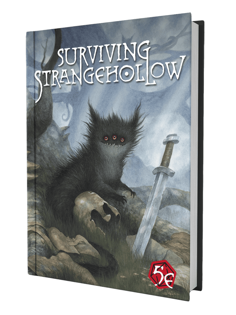 Surviving Strangehollow," a captivating fantasy book and 5E Supplement, showcases a dark, furry creature with red eyes perched beside a skull and sword. Set against a misty, mysterious landscape, it's an immersive adventure backed by enthusiastic support on Kickstarter.
