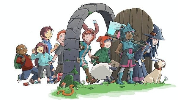 A group of kids steps into a magical portal, transforming into fantasy characters like a knight, mage, and elf in the enchanting Magical Land of Yeld. They walk past a stone arch with their dog, snake, and sheep companions in tow. A lush green setting completes this 2nd Edition adventure.