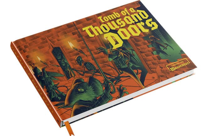 The cover of "Tomb of a Thousand Doors" reveals an illustrated scene straight out of a Mausritter Megadungeon, where a mouse in armor faces off against a skeletal figure. The adventurers' path is dimly lit by torches, adding an ominous glow to the dungeon setting.