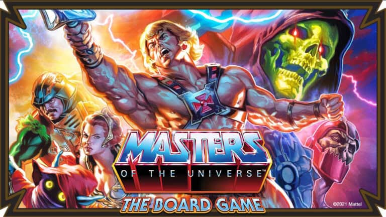 In a colorful illustration for "Masters of the Universe: The Board Game," the central figure wields a sword, surrounded by allies and villains in dynamic poses, brimming with vibrant energy. Perfect for fans of this epic universe through its successful crowdfunding campaign. Logo at the bottom.