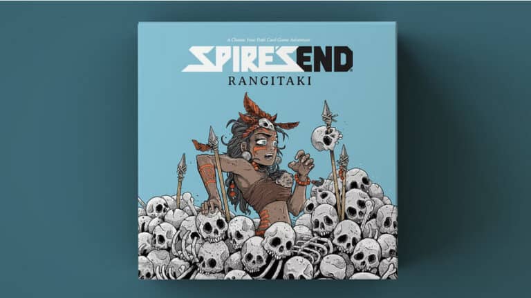 Cover of "Spires End: Rangitaki," a solo card game born from a successful Kickstarter, features an illustrated character with a headdress, amidst skulls and bones. The light blue background showcases the game title prominently at the top.