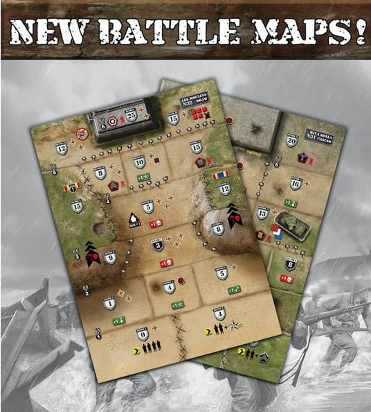 Two illustrated battle maps with various icons and markers, featuring terrains like bunkers and tanks. The background shows a black and white war scene reminiscent of D-Day Dice with soldiers, and text at the top reads "NEW BATTLE MAPS!," inspired by the Kickstarter sensation.