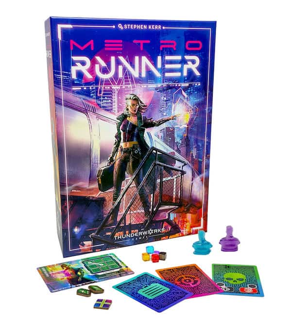 The box cover of the "Metrorunner Board Game" boasts a futuristic design, showcasing a character in sci-fi attire. At the forefront are vibrant game components, including colorful cards, tokens, and playing pieces. Dive into this cyberpunk adventure brought to life thanks to Kickstarter support.