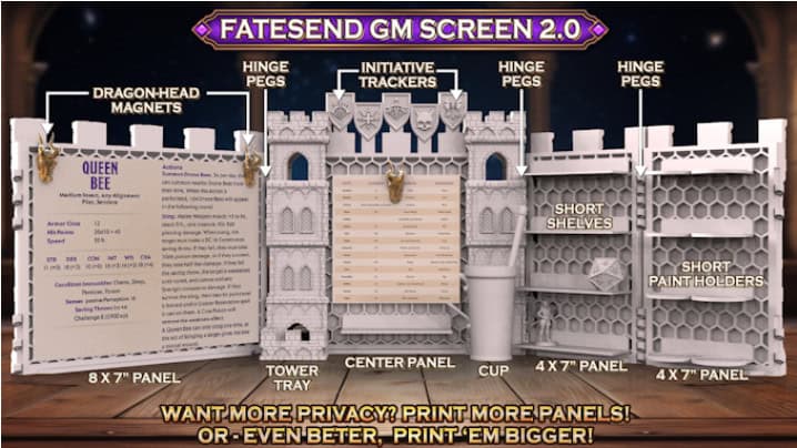 The FatesEnd GM Screen is perfect for tabletop gamers, featuring a castle theme with sections for notes, initiative trackers, and accessories like a tower tray and cup. This 3D-printed marvel boasts dragon-head magnets and expandable panels, allowing you to print more panels for extra privacy.
