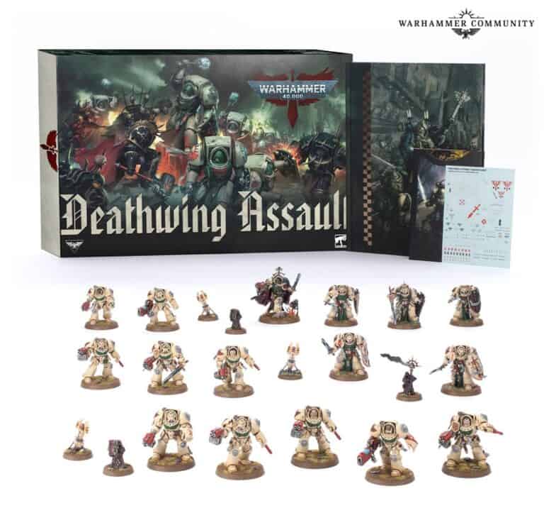 Box set of "Deathwing Assault" by Warhammer, featuring several painted miniature figures of Dark Angels soldiers, detailed in armor and equipped with weaponry. A book and set of cards are included in the background. Officially licensed by Games Workshop.