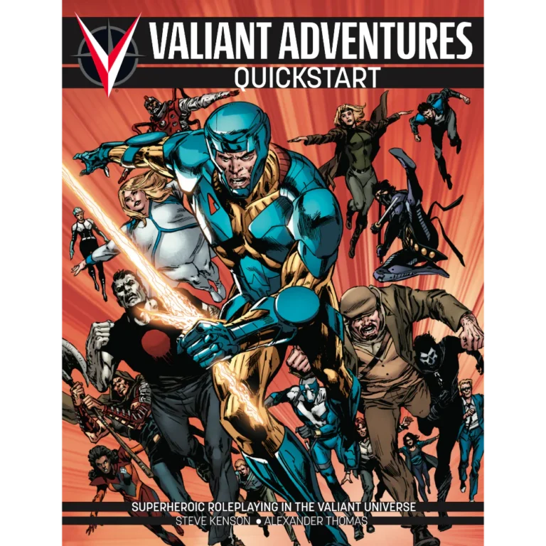 Comic book cover titled "Valiant Adventures Quickstart," a thrilling introduction to the Valiant Adventures RPG, featuring various superheroes in dynamic action poses. The characters are in colorful costumes against a vibrant red background. Text at the bottom mentions authors Steve Kenson and Alexander Thomas.