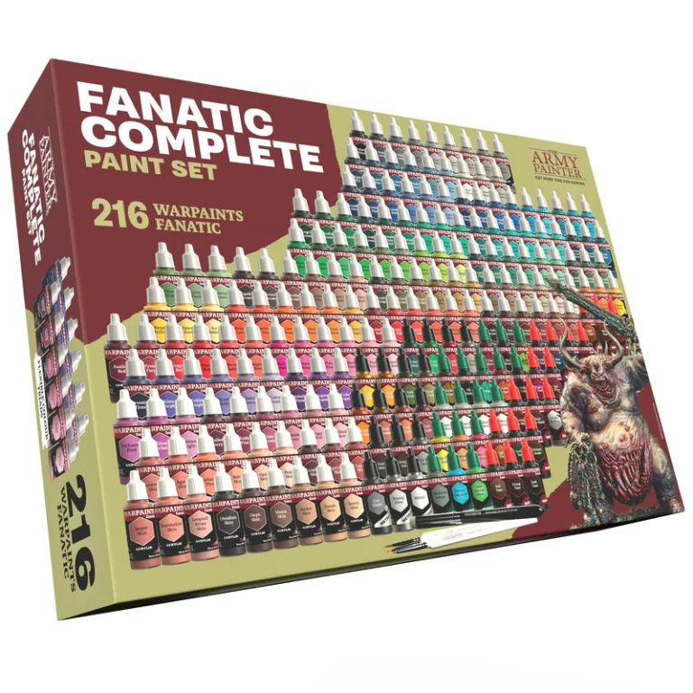 Box of Army Painter Fanatic Complete Paint Set with 216 Warpaints. The packaging showcases the vibrant Fanatic Paint Range in orderly rows, highlighting the extensive variety. A fantasy creature illustration graces the right side, adding a mystical touch to this artistic treasure trove.