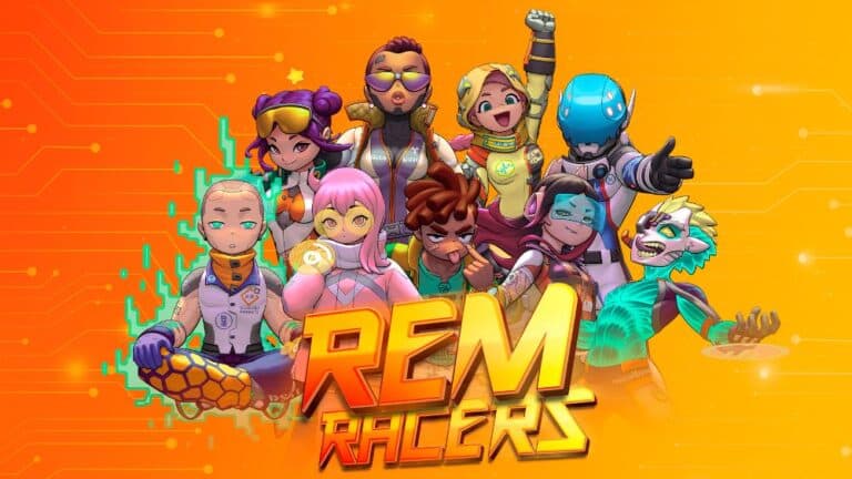 Against a vibrant orange backdrop, a colorful group of nine animated characters strikes dynamic poses. Each dons a unique futuristic outfit, reflecting their diverse personalities. The words "REM Racers," hinting at an exciting racing board game adventure, are boldly showcased below.