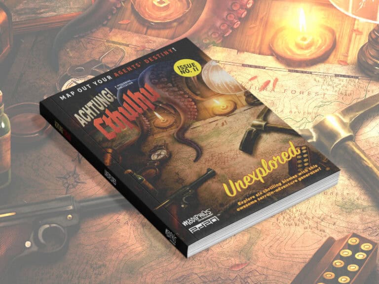 A book titled "Achtung! Cthulhu: Unexplored" by Modiphius Entertainment lies on a table. The cover, adorned with tentacles, a helmet, and a gun, invites intrigue. Surrounding the book are maps, a candle, and a revolver, evoking an adventurous and mysterious theme.
