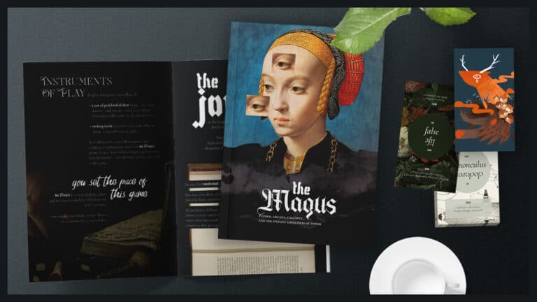 A tabletop display features a Kickstarter card game set called "The Magus," with a central art piece of a Renaissance-styled woman and cut-out eyes. Surrounding items include a cup of coffee, plant leaves, and additional game materials from the Inspiration Deck for immersive play.