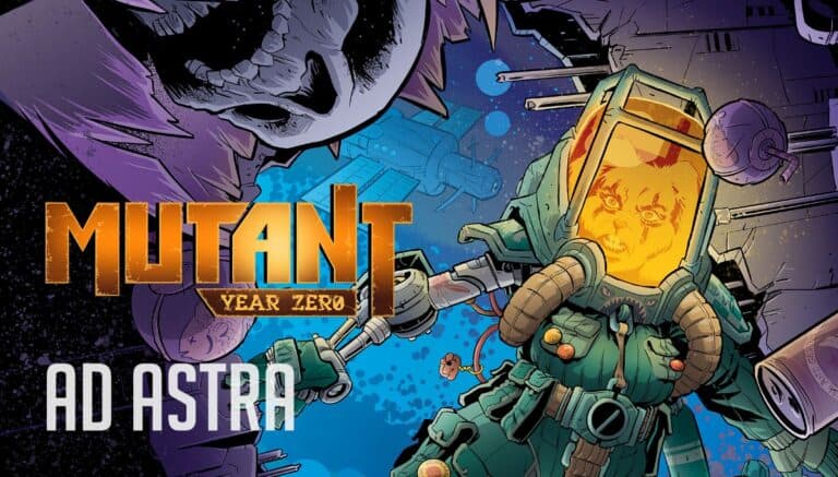 Comic book cover for "Mutant Year Zero: Ad Astra Expansion" featuring a person in a space suit with an animal-like face inside the helmet, floating in space beside a colossal spaceship. The title text, nodding to its RPG origins, is prominently displayed.