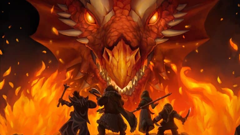 A group of four adventurers stand ready for battle in a classic Dungeons & Dragons scene against a massive, fiery red dragon. Flames surround them, casting an intense glow as the dragon's eyes and teeth dominate the background.