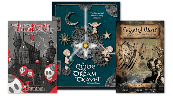 Three enticing book covers: "Unhappy Birthday at Castle Slogar" features a castle with red balloons and skulls, echoing the dark allure of Atlas Games. "A Guide to Dream Travel" enchants with a whimsical clock and moon design, while "Cryptid Hunt" invites you into its rugged wilderness teeming with mystical creatures.