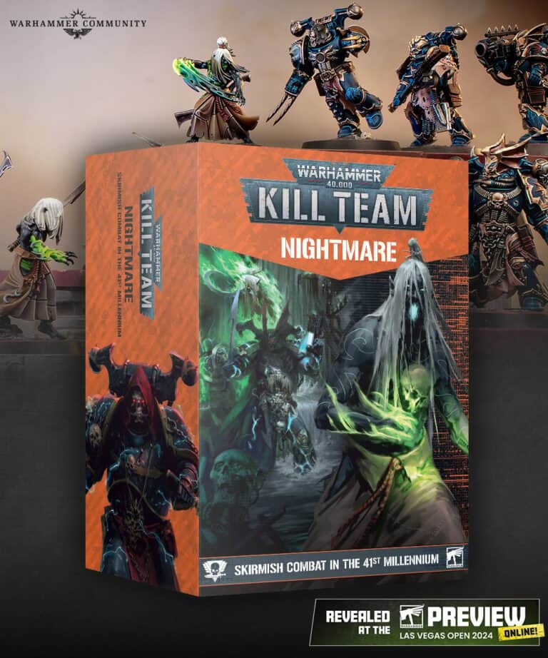 Box art for the upcoming release "Warhammer 40,000 Kill Team: Nightmare," showcased at LVO 2024, features a spectral figure in green and grey tones, enveloped by dark fantasy elements. Text reveals it's a skirmish game set in the 41st millennium.