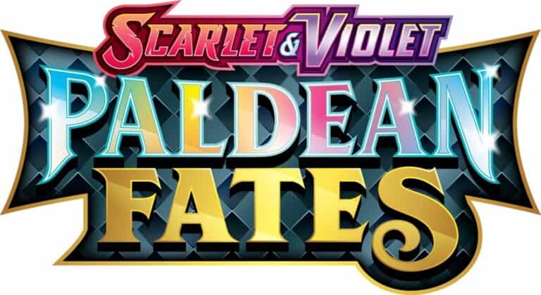 Logo for the Pokémon Trading Card Game's "Scarlet & Violet: Paldean Fates Expansion," featuring colorful, stylized lettering against a starry backdrop.