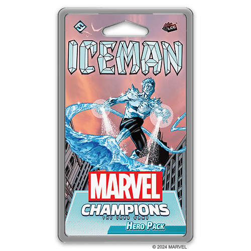 Marvel Champions card game presents the Iceman Hero Pack. The pack spotlights Iceman atop a building, encased in ice and snow. "ICEMAN" is emblazoned at the top with "MARVEL CHAMPIONS Hero Pack" boldly displayed below.