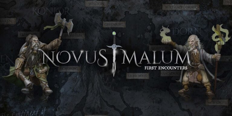Two mystical characters flank a sword with a glowing green gem, set against a fantasy map background. "Novus Malum: First Encounters," an Enviro Games production, is displayed prominently across the center, emphasizing their commitment to sustainable gaming within this enchanting world.