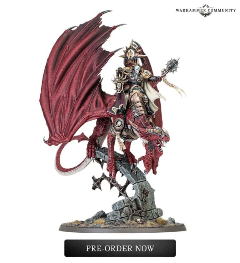 A detailed fantasy figure from Games Workshop features an armored warrior riding a large red dragon-like creature. The warrior, wielding a spiked mace and wearing a horned helmet, stands on a rocky base. Emblazoned with "The End and The Death," this piece is available for pre-orders now.
