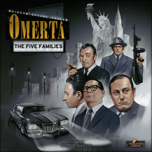 Board game cover for "Omertà: The Five Families" showcasing illustrations of five men in 1920s attire, a classic car, and the Statue of Liberty. It captures the essence of mobster noir and the intrigue of 20th-century New York.