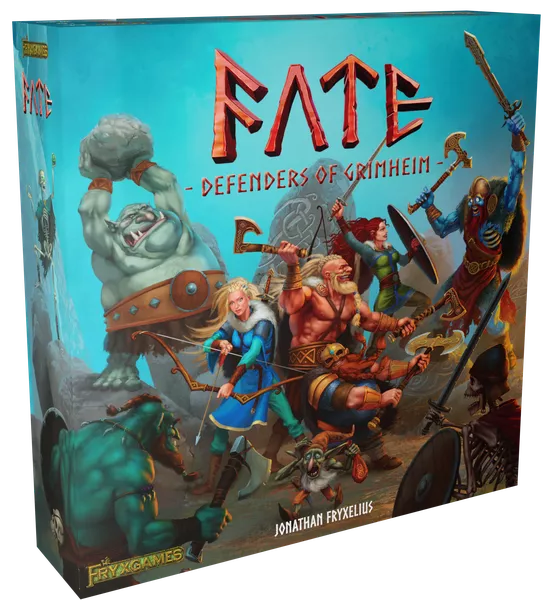 Cover of "Fate: Defenders of Grimheim" board game, inspired by Norse mythology, featuring warriors, a giant, and mystical characters in dynamic battle poses. The vibrant fantasy scene captivates, with the title and creator Jonathan Fryxelius prominently displayed. Perfect for Kickstarter enthusiasts.