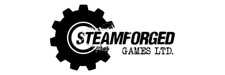 Logo of Steamforged Games Ltd. featuring a stylized black gear with the word "Steamforged" cutting through the middle in a bold, distressed font and "Games Ltd." in smaller type below, symbolizing its global reach.