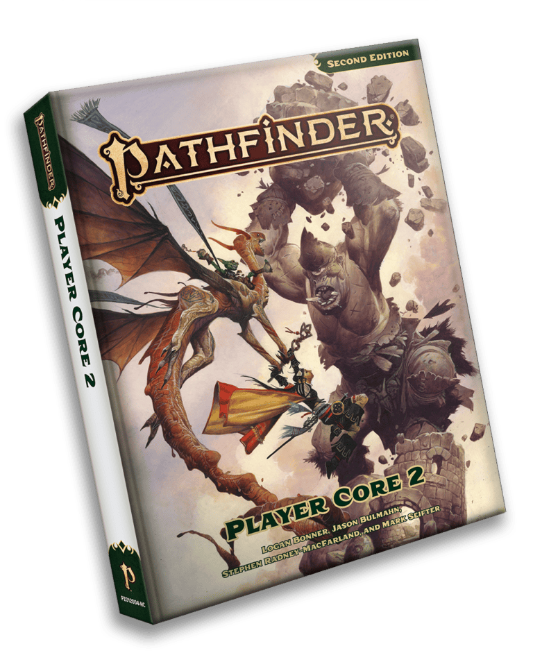 Cover of the "Pathfinder Player Core 2" book, Second Edition. It showcases fantasy artwork of a dragon and a knight locked in battle. The title stands prominently at the top, with contributors listed below; it's perfect for fans anticipating Gen Con 2024.