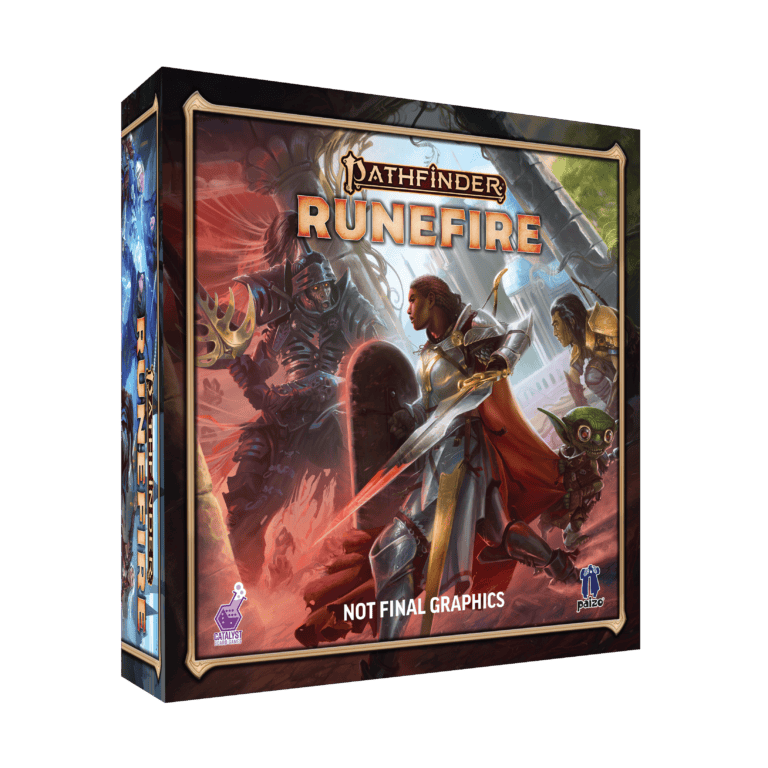 The box cover for "Pathfinder: Runefire" showcases a dynamic deckbuilding adventure with fantasy characters, including a knight wielding a sword and shield, magical creatures, and vibrant battle scenes. The bottom text reads "Not Final Graphics.