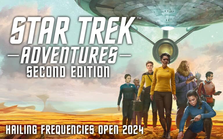 The cover art for "Star Trek Adventures Second Edition," by Modiphius Entertainment, showcases crew members in diverse uniforms on a barren landscape with a spaceship overhead. The text reads "Hailing Frequencies Open 2024," beautifully capturing the essence of the Star Trek Adventures RPG.