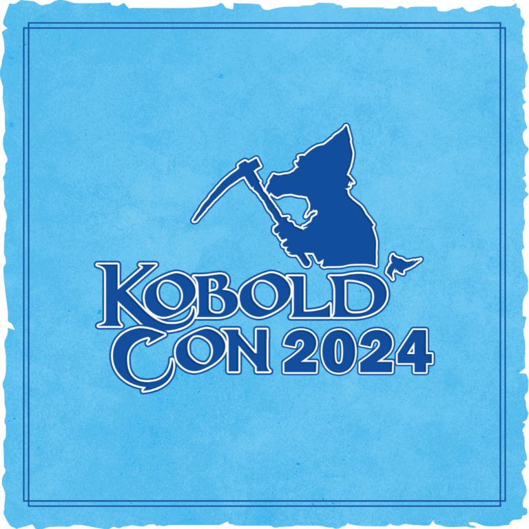 A blue logo with a silhouette of a kobold holding a pickaxe. The bold text, "Kobold Con 2024," hints at the thrilling Online Convention experience. A decorative border completes this Kobold Press masterpiece.