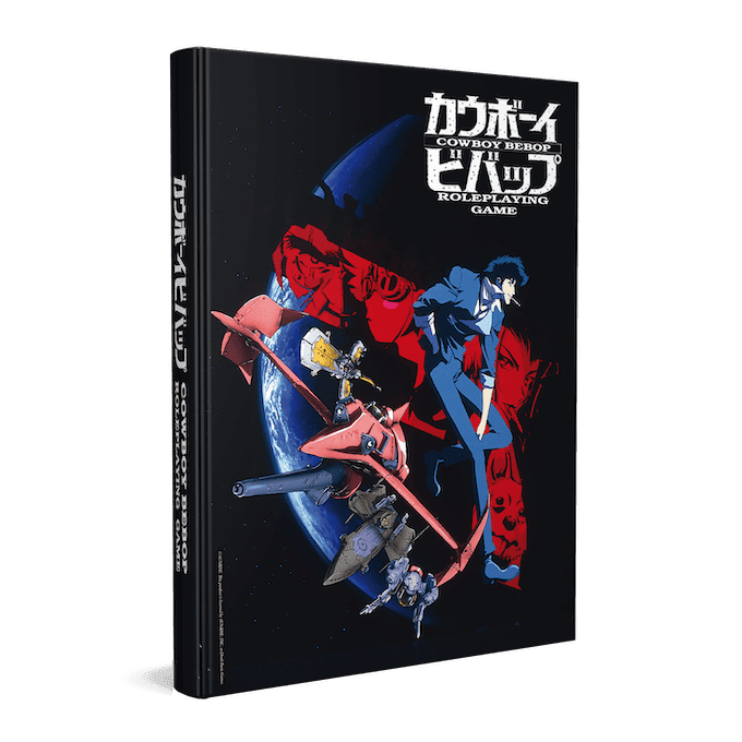 The "Cowboy Bebop Tabletop RPG" book cover showcases anime characters in dynamic poses set against the vastness of space and Earth, celebrating the series' 25th Anniversary. Text appears in both Japanese and English, brought to you by Japanime Games.