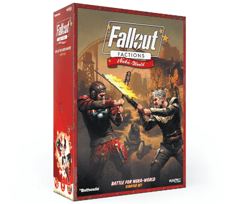 The box cover of "Fallout Factions: Battle for Nuka-World," a Modiphius Entertainment board game, showcases an apocalyptic amusement park where two miniatures-clad characters, one with an axe and the other with a rifle, prepare for battle.