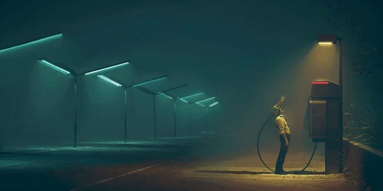 A person in a gas mask stands connected to a fuel pump, bathed in the glow of a lone streetlight, evoking an eerie, dystopian scene. The atmosphere mirrors something from Free League Publishing’s 2024 Game Portfolio, where unlit streetlights fade into the deserted darkness.