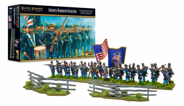 A box of Black Powder miniatures by Warlord Games showcases an Infantry Regiment firing line from the American Civil War. The scene features painted soldiers in blue uniforms with rifles, standing behind a split rail fence on grassy terrain, embodying the Forgotten & Glorious era.