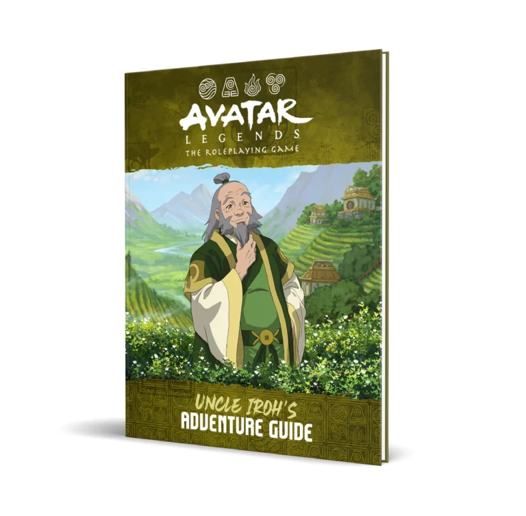 The cover of "Uncle Iroh's Adventure Guide" from Avatar Legends RPG by Magpie Games showcases an illustrated elderly man with a topknot, standing serenely amid a lush landscape of mountains and greenery, holding a teacup with a peaceful expression.