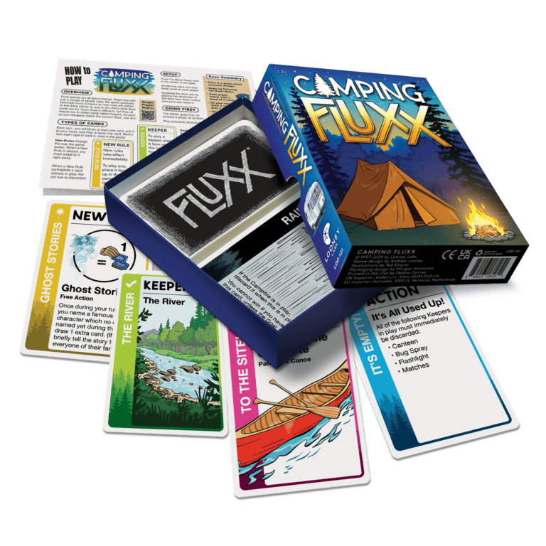 Image of Looney Labs' Camping Fluxx card game. The open box reveals a stack of cards, with various cards spread out. Visible cards include “Ghost Stories,” “The River,” and “Action.” A camping illustration graces the box lid, highlighting this classic card game's adventurous theme.