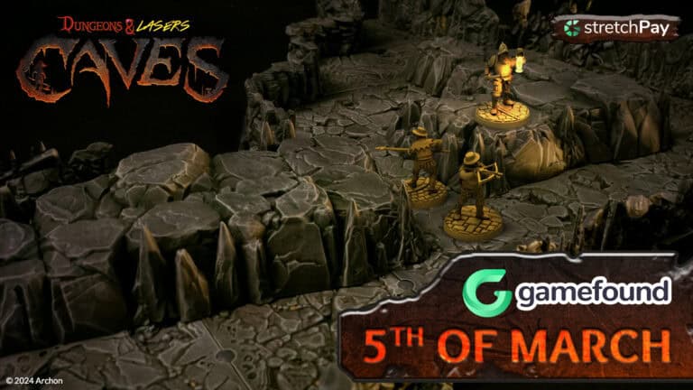 Adventurers delve into a rocky cave path in this tabletop scene. One holds a lantern, guiding the others. The text reads "Dungeons & Lasers Caves" and "5th of March," featuring logos for Gamefound and PrismaCast.