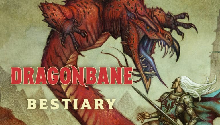 Illustration of a fierce red dragon with multiple horns and sharp teeth facing a silver-haired knight in armor wielding a sword. The text proudly reads "Dragonbane Bestiary" by Free League Publishing, set against a muted, medieval backdrop.