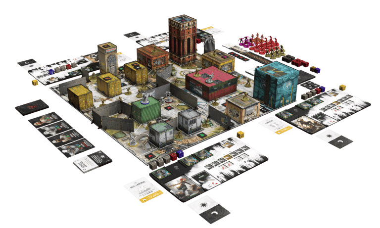 A 3D board game setup with colorful buildings, cards, and various player pieces arranged on a grid. The scene features detailed miniature structures and stacks of game tokens, akin to a Kickstarter campaign prototype, with player boards and dice surrounding the central area.