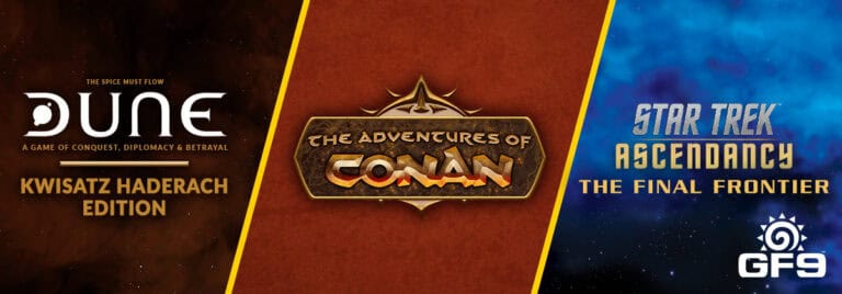Banner image showcasing three epic games by Gale Force Nine: "Dune: Kwisatz Haderach Edition" with a sandy background, "The Adventures of Conan" with a brown stone texture, and "Star Trek Ascendancy: The Final Frontier" against a starry space backdrop. Discover the latest gaming projects on Gamefound.