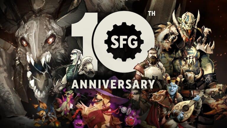 Fantasy-themed characters in battle poses surround a large "10th SFG Anniversary" logo, highlighting Steamforged Games' 2024 lineup. The scene features armored figures, mythical creatures, and vibrant colors, celebrating a gaming and crowdfunding milestone.