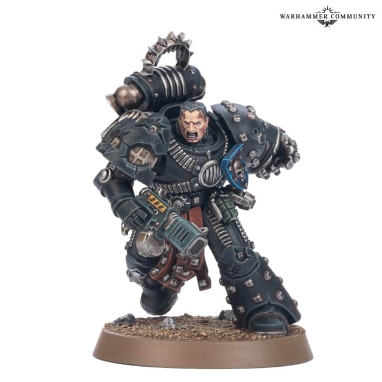 A detailed miniature figure of the futuristic armored soldier Endryd Haar in dark green power armor with metallic embellishments and a rugged look, brandishing a weapon. This stunning piece is inspired by Games Workshop's Horus Heresy series and stands proudly on a textured base.