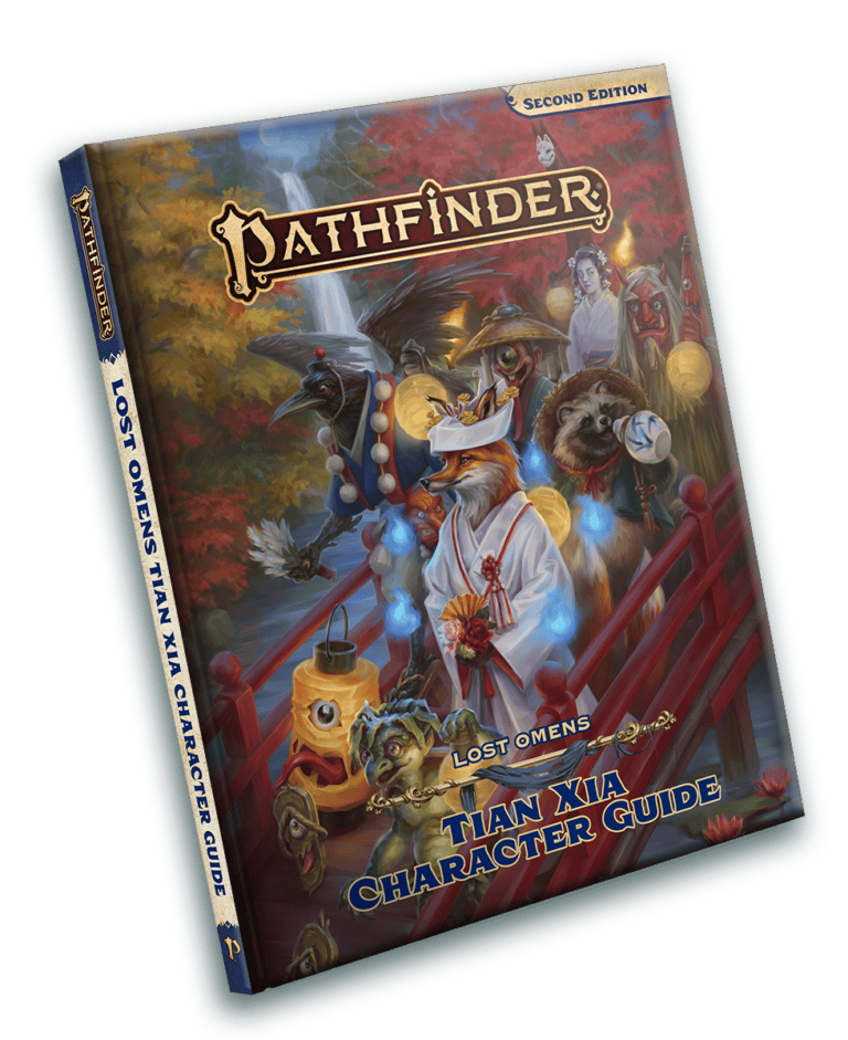 Book cover of "Pathfinder Lost Omens: Tian Xia Character Guide" (Second Edition) by Paizo. It showcases anthropomorphic animals in traditional East Asian attire, celebrating the spirit of Lunar New Year on a red bridge against a scenic, mystical backdrop.