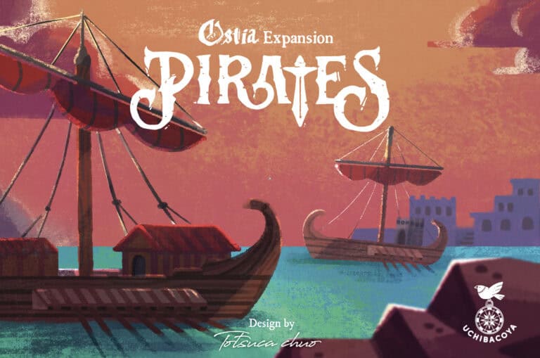 Illustrated game cover titled "Ostila Expansion: Pirates," showcasing two pirate ships on a sunset-lit sea with silhouetted buildings in the background. Designed by Dotsuca.chew, this captivating artwork is part of a crowdfunding campaign aiming to bring the Ostia Pirates saga to life.