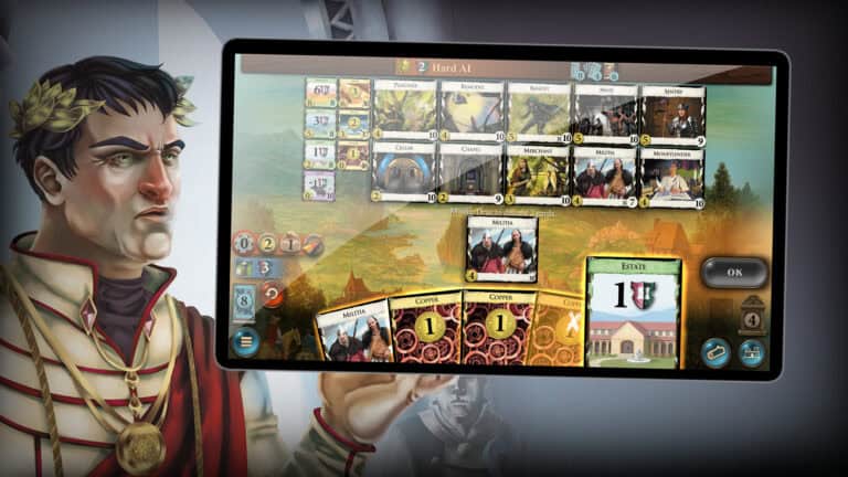 Dressed in Roman attire, a person showcases the official app launch of a strategic card game on their tablet, featuring Dominion Boardgame elements. The screen buzzes with thematic graphics and is available across iOS, Android, and Steam.