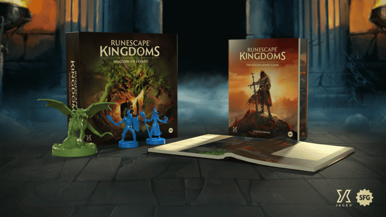 Dive into the world of RuneScape Kingdoms with this captivating board game set. Featuring two enchanting boxes, "Shadow of Elvarg" and "The Roleplaying Game," it includes detailed figurines, a miniature dragon, and an open book. Set against a dimly lit, mystical background in orange and blue tones.
