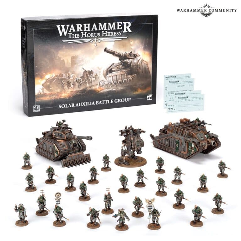 Box art and components of the Warhammer: The Horus Heresy Solar Auxilia Battle Group set by Games Workshop. It showcases epic reinforcements with two tanks, a walker, and numerous miniature soldiers in formation. A game card display is visible in the background, hinting at strategic possibilities.