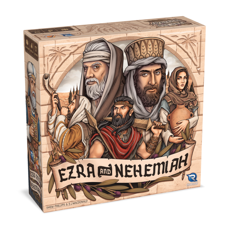 Box art for the board game "Ezra and Nehemiah" by Garphill Games features illustrated characters in ancient attire, holding various items. The background depicts a desert landscape and the ancient structures of Jerusalem. The game's title is prominently displayed in bold letters.