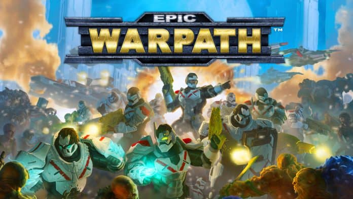Amid explosions and chaos, a group of armored soldiers battle waves of enemies in an action-packed scene. The bold title "Epic Warpath" crowns the image, hinting at its Kickstarter journey towards stellar success.