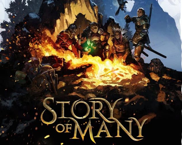 Illustrated fantasy scene of five adventurers around a glowing map with swords and armor, set against a mountainous backdrop. Darkness and flames envelop them. The title "Story of Many," a cooperative fantasy board game by Haunted Mill Games, is prominently displayed at the bottom.